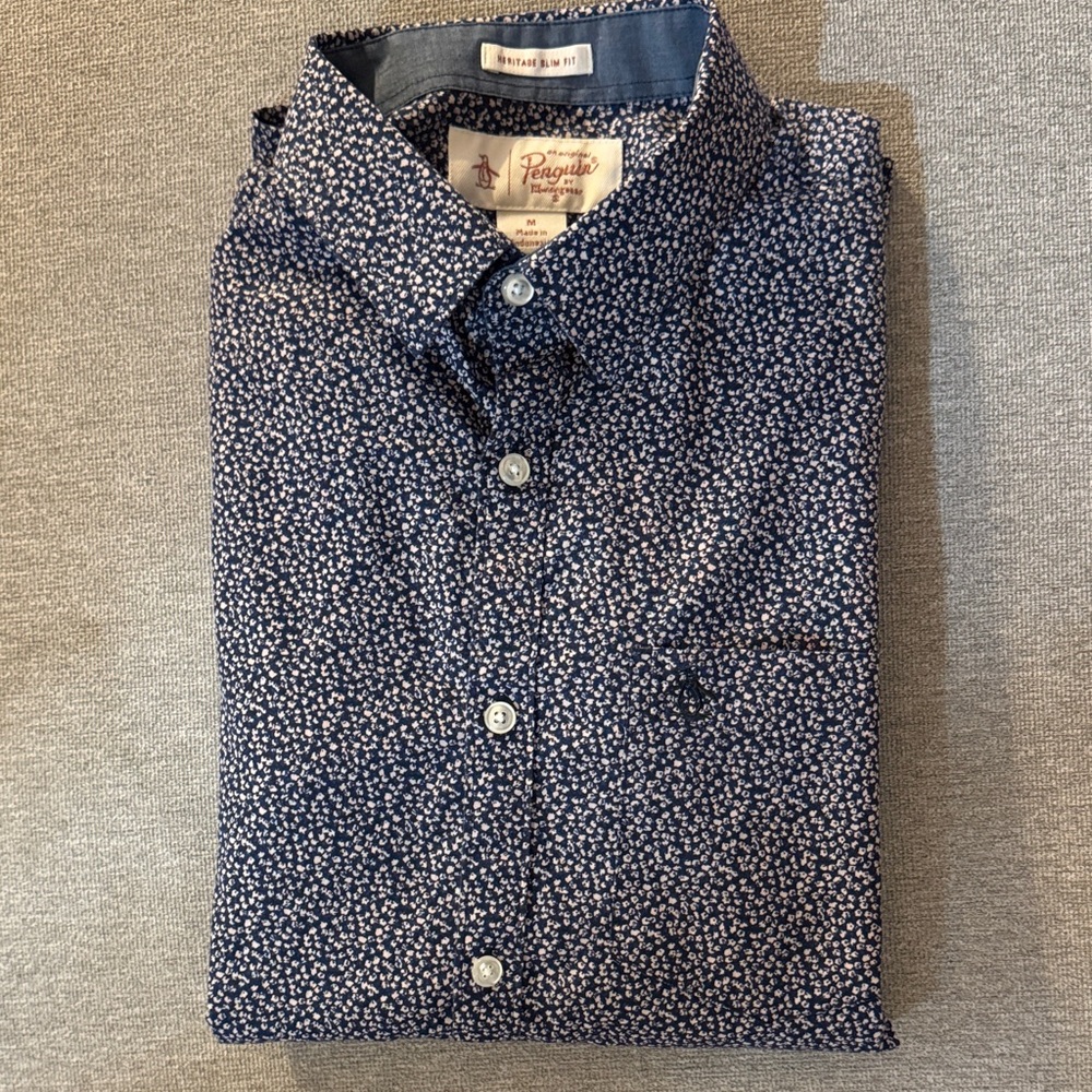 Original Penguin Men's Blue Patterned Slim Fit Button Down Shirt